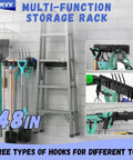 Heavy Duty 48 Inch Garage Tool Organizer Wall Mount With Anti Rust Finish Holds Up To 560 Lbs, tools organized with hooks and ladder.