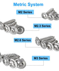 Tiny Phillips Pan Head Self Tapping Screws With Washer 304 Stainless Steel Assortment Kit Micro M2 M2.3 M2.6 M3 sizes displayed.