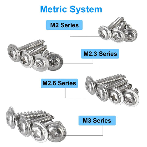 Tiny Phillips Pan Head Self Tapping Screws With Washer 304 Stainless Steel Assortment Kit Micro M2 M2.3 M2.6 M3 sizes displayed.