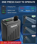 Portable Camping Shower Pump with 3 speed settings and rechargeable battery, showing power indicator and water flow options.