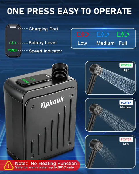 Portable Camping Shower Pump with 3 speed settings and rechargeable battery, showing power indicator and water flow options.