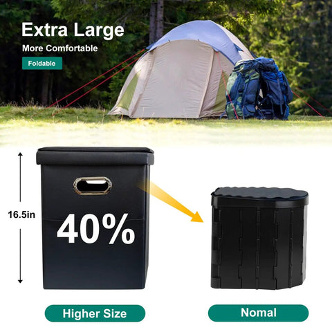 Upgrade XL Portable Toilet For Adults And Kids Extra Large Foldable Camping Toilet With Lid next to a camping tent