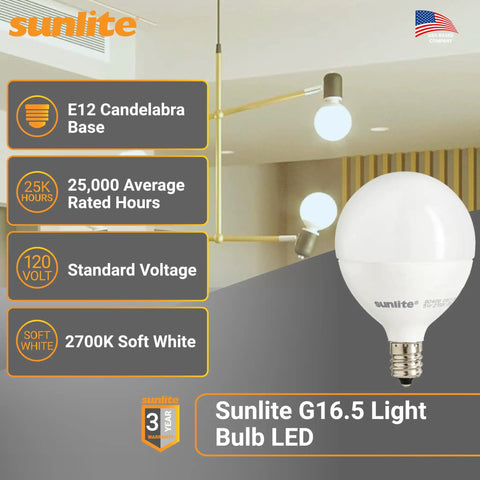 G16.5 Globe LED Bulbs 5W 40W Equivalent Dimmable E12 Candelabra Base Frosted 2700K Soft White Vanity Mirror Short Bulbs 6 Pack