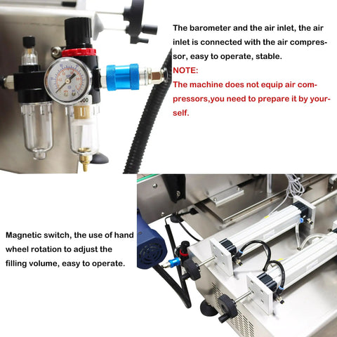 Hella Reliable Double Head Automatic Paste And Liquid Filling Machine With Pneumatic Dual Purpose Power For Sauces And Viscous Jars 10 To 100 Ml Capacity 8 Mm Zero Drip Tip pressure gauge and operating controls