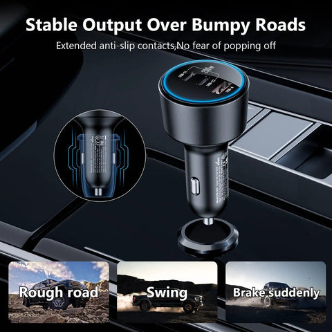 Beast 200W USB-C Car Charger in black plugged into car socket, stable on bumpy roads with anti-slip contacts visible