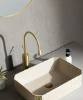 Modern Artistic Bathroom Vessel Sink - Above Counter Ceramic Washbasin for Indoor/Outdoor Use, Includes Accessories - Stylish Balcony Basin for Home Decor with gold faucet.