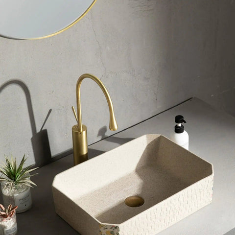 Modern Artistic Bathroom Vessel Sink - Above Counter Ceramic Washbasin for Indoor/Outdoor Use, Includes Accessories - Stylish Balcony Basin for Home Decor with gold faucet.