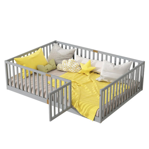 Full Size Floor Bed With High Safety Guardrail And Door For Toddler Transition, Rubber Wood Frame, Grey Finish, Bedding Included