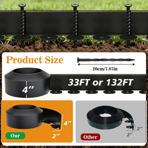 4 Inch Tall Landscape Edging Kit With 132 Feet Of No Dig Plastic Border, 120 Spikes, garden lawn border size comparison