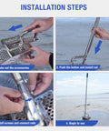 Installation steps for Sand Scoop For Metal Detecting Stainless Steel Beach Treasure Dig Tool with adjustable long handle.
