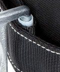 Close-up of Fall Protection Safety Harness Positioning Belt with padded lumbar support and 2 D rings, Black XL.