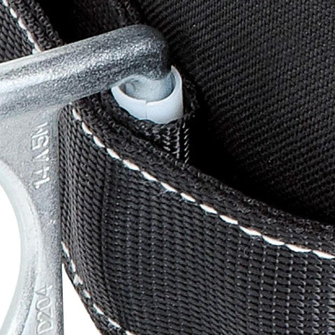 Close-up of Fall Protection Safety Harness Positioning Belt with padded lumbar support and 2 D rings, Black XL.