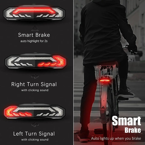 Smart Bike Tail Light For Cargo Rack With Turn Signals And Brake Light Auto On Off USB Rechargeable Wireless Remote Horn Alarm Anti Theft Vibration Sensor Rear Bicycle Light With Rack Mount For Night Riding mounted on rear rack, red LED lit
