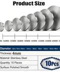10 Piece 304 Stainless Steel Disc Blanks Set, Round Metal Discs 32mm To 50mm, 4mm Thick, polished surface display