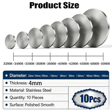 10 Piece 304 Stainless Steel Disc Blanks Set, Round Metal Discs 32mm To 50mm, 4mm Thick, polished surface display
