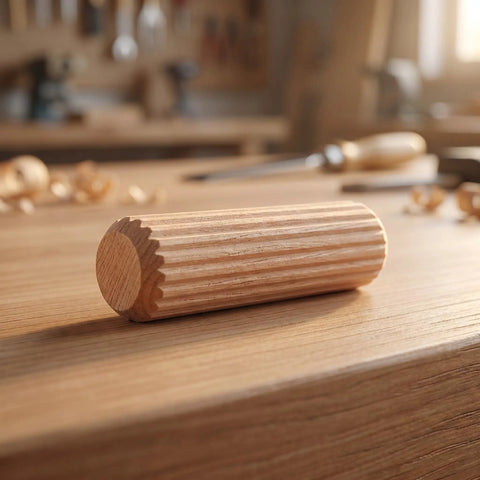 200 Pcs Wood Dowel Pins 8mm By 30mm Kit For Furniture And Shelves Fluted And Chamfered Hardwood Rods With Smooth Splinter Free Surface Easy To Install And Strength Boost For DIY Projects. Single fluted hardwood dowel pin on wooden workbench