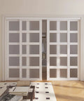 Double Sliding Closet Door Set 120 Inches Wide By 80 Inches High With 5 Lite Frosted Glass Panels, Includes Hardware Track Kit And Floor Guide