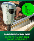 Person holding Framing Nailer 21 Degree Plastic Collated Lightweight 7.5 Lb Pro Power Tool with plastic strip magazine
