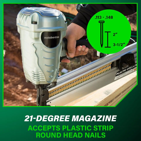 Person holding Framing Nailer 21 Degree Plastic Collated Lightweight 7.5 Lb Pro Power Tool with plastic strip magazine