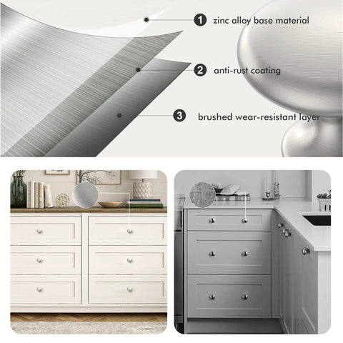 Brushed Nickel Cabinet Knobs 30 Pack With Screws For Cabinets Drawers Dressers Cupboards Solid Metal Knobs Silver Modern Kitchen Bedroom And Bathroom Hardware Game Changer For Your Home showing three-layer material design and furniture application.