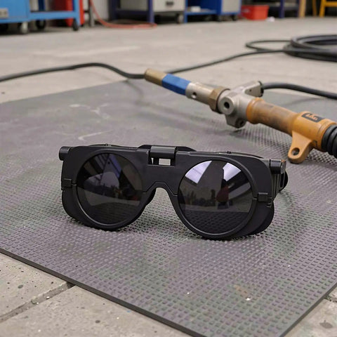 Premium Heavy Duty Industrial Double Lens Welding Goggles Featuring Top Shelf Anti Glare Optics resting on textured floor.
