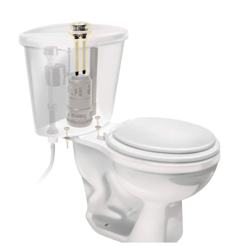 Genuine Dual Flush Valve Replacement Button For 3 Inch Toilets, chrome finish, installed on a 2-piece toilet with tank lid mount.