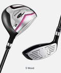 Women's Complete Golf Club Set With Stand Bag Right Handed 11 Piece Including Driver Wood Hybrid Irons Sand Wedge Putter And 3 Headcovers Lightweight Carbon Shafts For Easy Fatigue Free Swings And Best Bang For Your Buck Value, showing 5 wood club head and face close-up with black and pink accents.