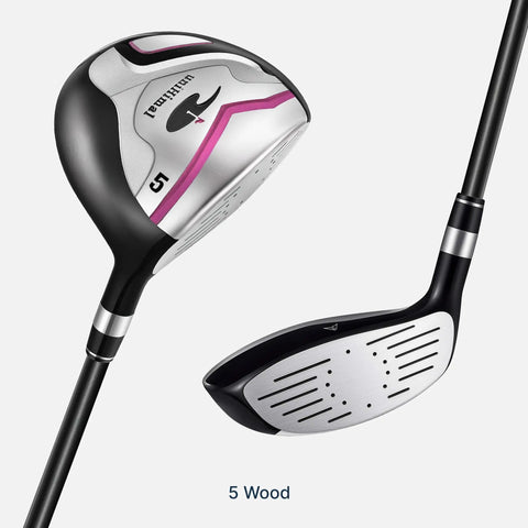Women's Complete Golf Club Set With Stand Bag Right Handed 11 Piece Including Driver Wood Hybrid Irons Sand Wedge Putter And 3 Headcovers Lightweight Carbon Shafts For Easy Fatigue Free Swings And Best Bang For Your Buck Value, showing 5 wood club head and face close-up with black and pink accents.