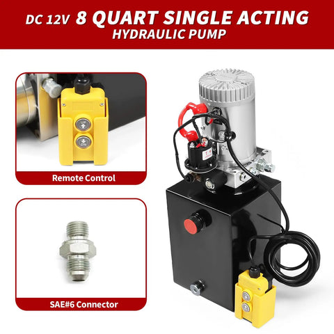 12V DC Hydraulic Pump Power Unit 8 Quart Tank Single Acting System With 3200 PSI Port A Relief And 1500 PSI Port B Plus 15 Foot Remote Control And Beefy Steel Construction, remote control