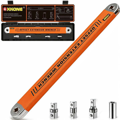 Zero Degree Offset Extension Wrench For Tight Spaces Three Eighths Inch Drive Socket Extender with adapters and case