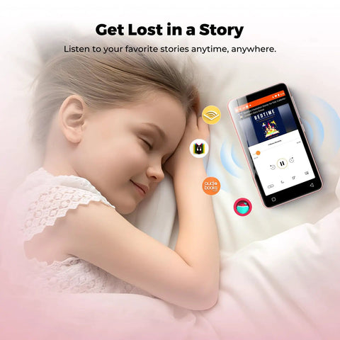 Child with Kids Bluetooth MP3 Player With WiFi And 4.0 Inch Touch Screen Android Music Player playing an audiobook in bed.