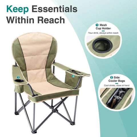 Foldable Camping Chair With Cup Holder, Non Slip Feet, Rock Solid, Heavy Duty Portable Collapsible Lawn Chair For Hiking, Beach And Sports, Thick 300D Oxford, 500 Lb Capacity, Green, showing features including side cooler bags and cup holder