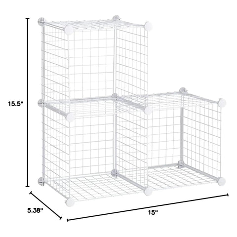 Three Piece Wire Stackable Cube Storage Set White For Closet Bookshelf And Toys Easy To Assemble Modular Design System with dimensions.
