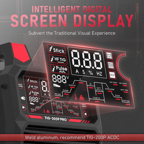 205A TIG Welder With Pulse And Large LED Display, Three In One Stick DC TIG Pulse TIG Welding Machine, Dual Voltage 110V And 220V, Ideal For Steel Aluminum And More TIG-205P, showing LED screen interface.