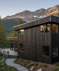 Pro Grade Reactive Water Based Wood Stain For Interior Or Exterior Creates A Badass Smoked Black Brown Finish on modern cabin surrounded by trees.