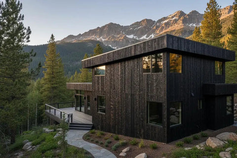 Pro Grade Reactive Water Based Wood Stain For Interior Or Exterior Creates A Badass Smoked Black Brown Finish on modern cabin surrounded by trees.