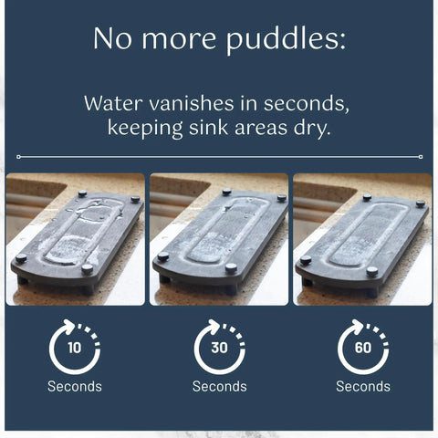 Top Tier Sink Organizer Tray Crafted From Ultra Absorbent Diatomaceous Earth Stone With Rugged Stainless Legs For Quick Drying Kitchen Counter Setup That Kills Puddle Problems, demonstrating water absorption in 10, 30, and 60 seconds.