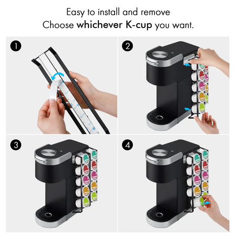 Installation of Side Mount K Cup Holder For Keurig Adhesive Metal Pod Organizer Matte Black Finish 2 Pack on coffee maker
