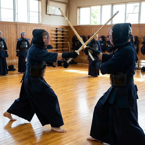 Martial artists training with Set Of 2 Cosplay Swords 47 Inch Handmade Bamboo Practice Props in a dojo setting.