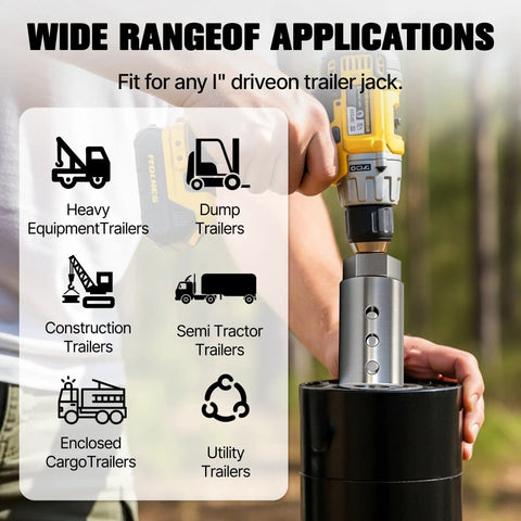 1 Inch Jack Drive Drill Adapter for trailers, 2 in 1 design with electric drill use, stainless steel, in action on trailer jack