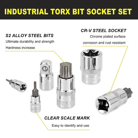 64 Piece External Torx Socket Set With 1/4 3/8 1/2 Inch Drive, Pro Grade Master Hex And Star Bits, S2 And CR-V Steel