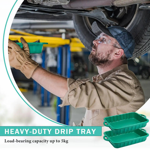 Mechanic using Two-Pack 19.7x15.4x4 Inch Oil Drain Pans, Green 2-Gallon Auto Catch Trays For Under Car Drip.