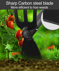 Beefy Heavy Duty Garden Hoe And Cultivator with stainless steel head and sharp blade shown in a garden with tomatoes