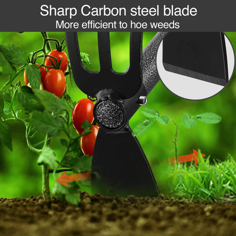 Beefy Heavy Duty Garden Hoe And Cultivator with stainless steel head and sharp blade shown in a garden with tomatoes