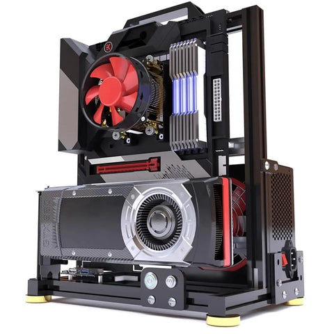 Open Frame PC Test Bench Case For DIY Rigs Aluminum Chassis For ITX MATX ATX EATX Motherboards Vertical Mount Open Air Design Liquid Cooling Ready 120 240 360 High Airflow Easy Build Black Finish shown in a front view with components installed.