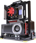 Open Frame PC Test Bench Rig With Aluminum Chassis For DIY Builds Fits ITX MATX ATX Motherboards Holds 2 HDD And 2 SSD Vertical Liquid Cooling Ready Perfect For Overclocking And Custom Rig Building, showcasing an open frame with visible components and cooling system.