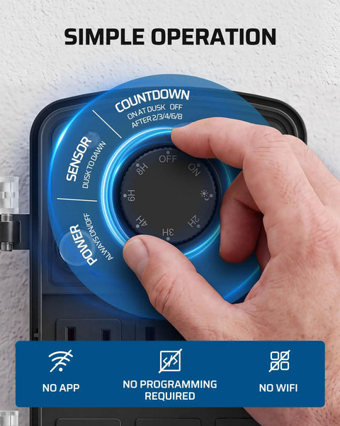 Outdoor Power Stake Timer Equipped With Six Grounded Outlets And An Extended Six Foot Cord Designed For Effortless Backyard Vibes And Landscape Projects Featuring A Chill Weatherproof Dial With Reliable Dusk To Dawn Settings showing a hand adjusting the countdown dial.
