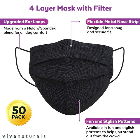 Ultra Thick 4-Ply Black Disposable Face Masks, 50 Individually Wrapped, showing adjustable metal nose strip and ear loops
