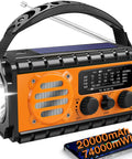 Emergency Weather Radio with hand crank, solar charging, built-in flashlight, displaying AM FM SW band and 20000mAh battery label