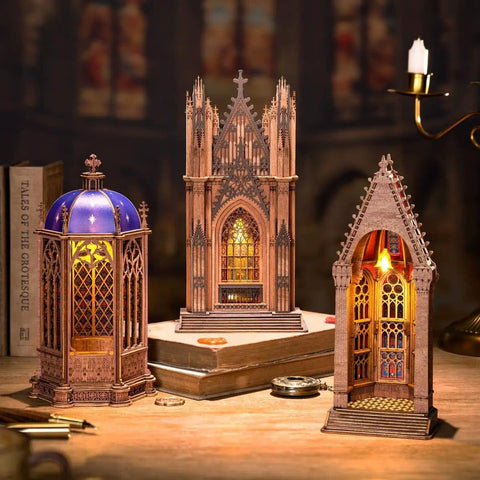Gothic Architecture 3D Puzzle Kit For Adults With LED Lights Wooden Model Building Set DIY Craft Kit Twin Tower Cathedral Replica